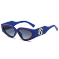 Retro square cat-eye sunglasses in royal blue and red with gold S logo on temple - Regular / Dark Blue Frame Green Gray Lens