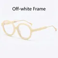 Off-white round frame anti-blue light glasses with gold metal temples and drop tips - Beige Frame