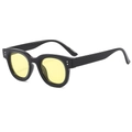 Retro thick black oval sunglasses with yellow lenses and silver rivet detailing - Black Frame Yellow Lens