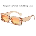 Retro rectangular sunglasses with transparent brown frame and orange gradient lenses - Transparent Tea Frame Orange Yellow Lens