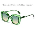Fashionable oversized square sunglasses with translucent green leopard print frames - Green Leopard Frame Green Tea Lens