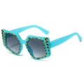 Irregular light blue sunglasses with yellow checkerboard trim and grey gradient lenses - Jelly Blue Frame Double Gray Lens