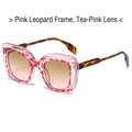 Pink leopard square sunglasses with gradient tea pink lenses and tortoiseshell temples - Pink Leopard Frame Tea Pink Lens