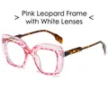 Pink leopard print square frame sunglasses with tortoiseshell temples and clear lenses - Pink Leopard Frame Clear Lenses