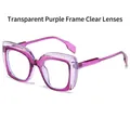 Fashionable oversized square glasses with transparent purple frame and clear lenses - Transparent Purple Frame Clear Lens