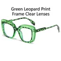 Stylish square frame sunglasses in green leopard print with clear transparent lenses - Green Leopard Frame White Lens