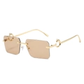Luxury rimless rectangular sunglasses with gold leopard metal hinges and brown tinted lenses - Gold Frame Champagne Lens
