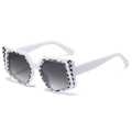 White geometric irregular sunglasses with grey gradient lenses and purple checkerboard pattern - White Frame Gray Lens