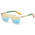 Flat lay of retro square aviator sunglasses with orange-blue gradient lenses and gold accents - Regular / Transparent Frame Yellow Blue Lenses