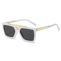 Flat top square oversized sunglasses in white frame with gold metal V accent - Regular / White Frame Gray Lens