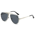 Classic pilot sunglasses with gold metal frame and double bridge design on white background - Regular / Standard Silver Frame with Black-Grey Lenses