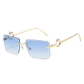 Rimless gradient blue sunglasses with gold metal panther head hardware on temples - Gold Frame Gradient Blue Lens