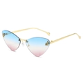 Rimless triangular cat-eye sunglasses with blue-pink gradient lenses and gold F-letter accent - Regular / Gold Frame Gradient Blue Pink Lens