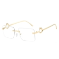 Rimless square sunglasses with gold metal leopard head decor and clear lenses - Gold Frame White Lens