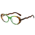 Montatura ovale bicolore con frontale verde e aste ondulate a motivo tartarugato - Lente Piana Anti-Luce Blu / Montatura Leopardata Verde