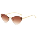 Cat eye rimless sunglasses with gold temples, brown gradient lenses, and F-shaped rhinestones - Regular / Gold Frame Gradient Tea Lens