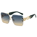 Frameless oversized sunglasses with blue-yellow gradient lenses and gold chain temples - Green Legs / Blue Yellow Gradient Lens