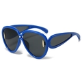 Bold oversized blue inflated sunglasses with grey lenses and gold accents for women - Blue Frame Grey Lens