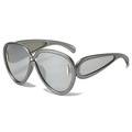 Oversized matte silver grey sunglasses with teardrop frame and gold metal temple accents - Gunmetal Frame White Mirror Lens