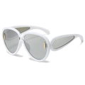 Oversized white frame sunglasses with sleek grey lenses and elegant gold metal trim - White Frame Silver Mirror Lens