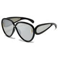 Oversized black sunglasses with silver drop lenses and gold metallic accents - Black Frame Silver Mirror Lens