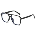Classic black pilot style square frame glasses with double bridge and blue light lenses - Glossy Black Frame