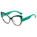 Cat eye glasses frames with green marble and leopard print pattern for a Y2K aesthetic - Green Marble & Leopard Print with Green Legs