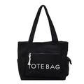 Borsa tote in velluto a coste nero da donna con ricamo bianco e chiusura a cerniera lampo - Nero
