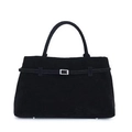 Classic black tote bag in matte suede finish with belt decor and silver metal buckle - Black