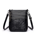 Classic black embossed rose bucket bag for middle-aged women with multi-zipper detail - Black
