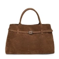 Deep brown suede tote bag featuring a decorative belt buckle and sturdy top handles - Brown