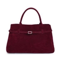 Deep red suede tote bag with decorative silver buckle strap and dual top handles - Burgundy