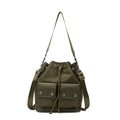 Borsa a secchiello in nylon verde oliva con doppie tasche anteriori e chiusura a coulisse - Verde