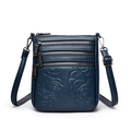 Dark blue leather crossbody bucket bag with embossed rose pattern and multiple zippers - Blue