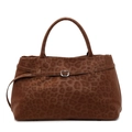 Dark brown tote bag featuring leopard print pattern and metallic buckle detail - Leopard Brown