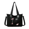 Grande borsa tote in velluto a coste nera con ricamo floreale e tracolla regolabile - Nero