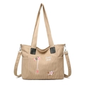Borsa tote beige in velluto a coste con ricami floreali e tracolla regolabile - Cachi