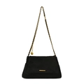Close-up of black suede shoulder bag featuring a gold chain strap and metal pendant - Black
