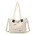 Borsa tote in velluto a coste bianco crema con ricamo floreale e tracolla - Bianco Sporco