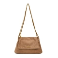 Brown suede tote bag for women with gold chain strap and metallic bar detail - Khaki
