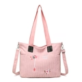 Borsa tote rosa in velluto a coste con ricami floreali e tracolla regolabile - Rosa