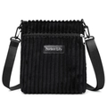 Bolso bandolera minimalista de pana negra con correa ajustable y etiqueta de logo - Negro