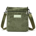 Bolso bandolera de pana verde militar con correa ajustable y parche de cuero - Verde