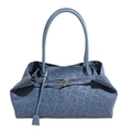 Navy leopard print tote bag with gold buckle and long handles for shoulder wear - Blue