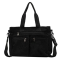 Large black corduroy tote bag with multiple front pockets and adjustable strap - Black