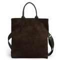 Retro suede tote bag in dark brown with contrasting deep green leather handles and straps - Coffee