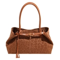 Large leopard print tote bag in brown faux suede with glossy leather handles and buckle - Brown