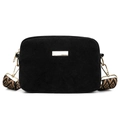 Sac bandoulière en daim noir avec boucles dorées et large sangle à motif géométrique - Noir