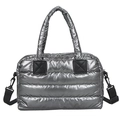 Metallic silver puffer tote bag with quilted texture and adjustable black crossbody strap - Gray