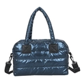 Dark blue metallic quilted down tote bag with padded handles and adjustable strap - Green